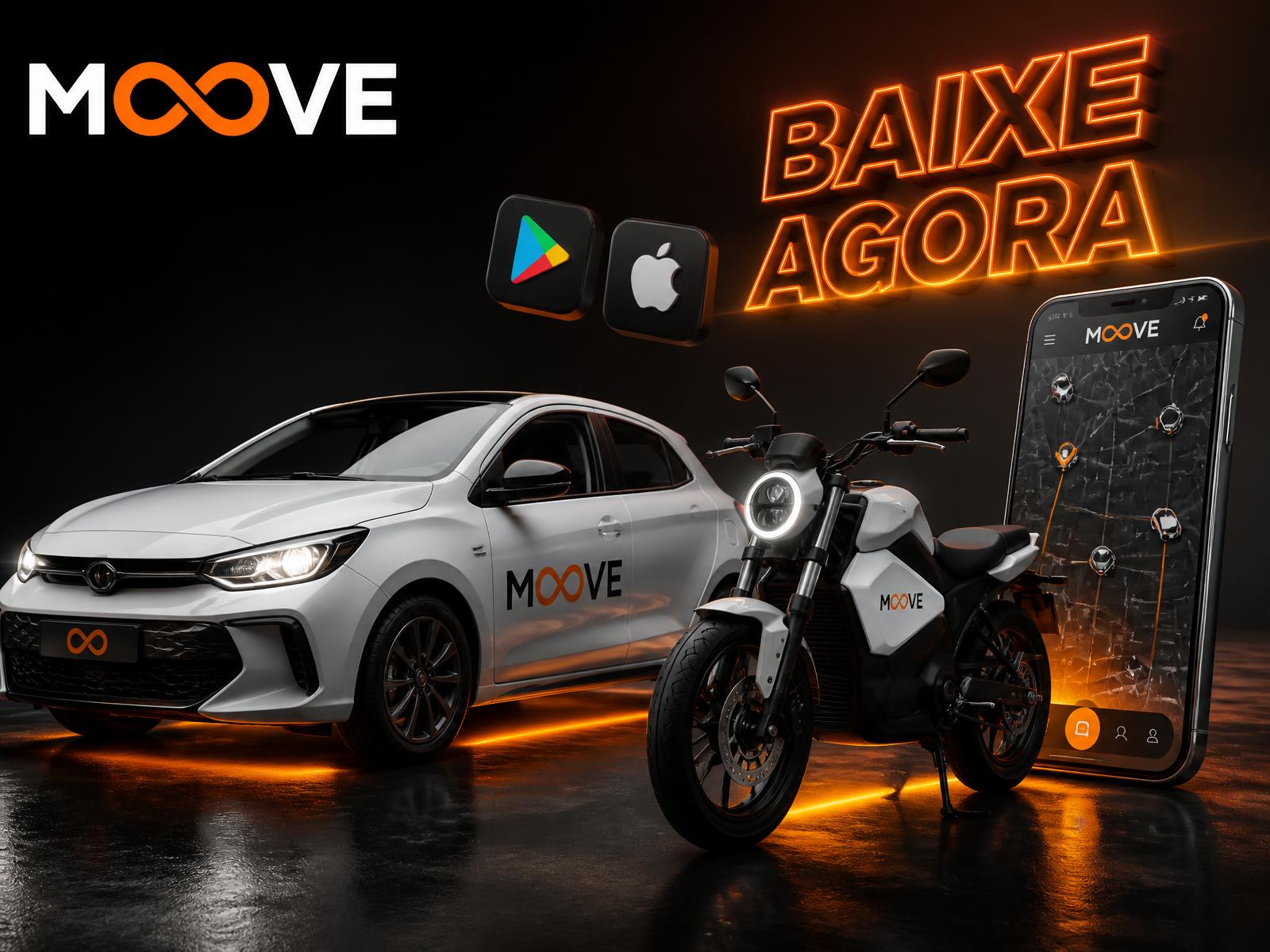 Carro e moto Moove com logo oficial e botões de download